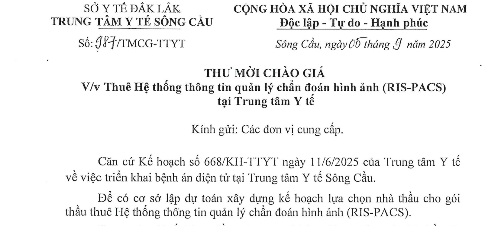 YCBG Thuê hệ thống thông tin quản lý chẩn đoán hình ảnh (RIS-PACS) tại Trung tâm Y tế Sông Cầu